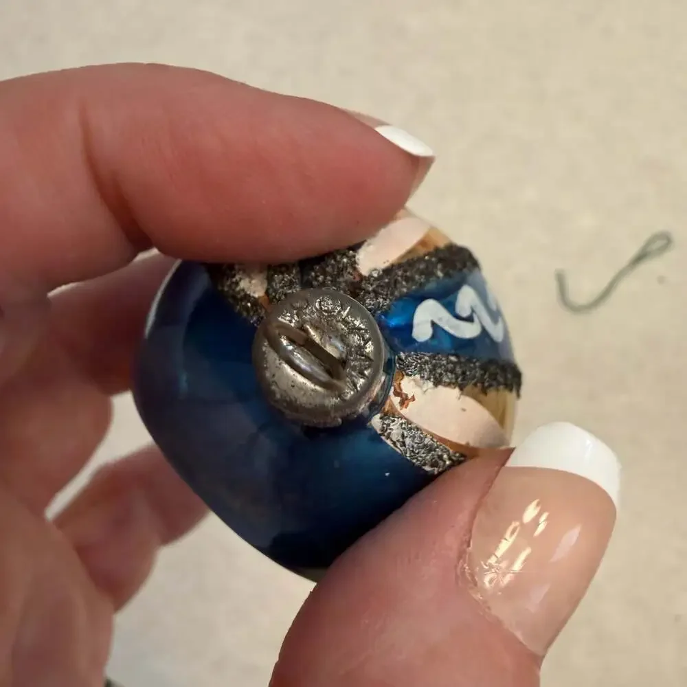 Vtg Poland Blown Glass Teardrop Indent Christmas Ornament Blue Pink Silver Mica